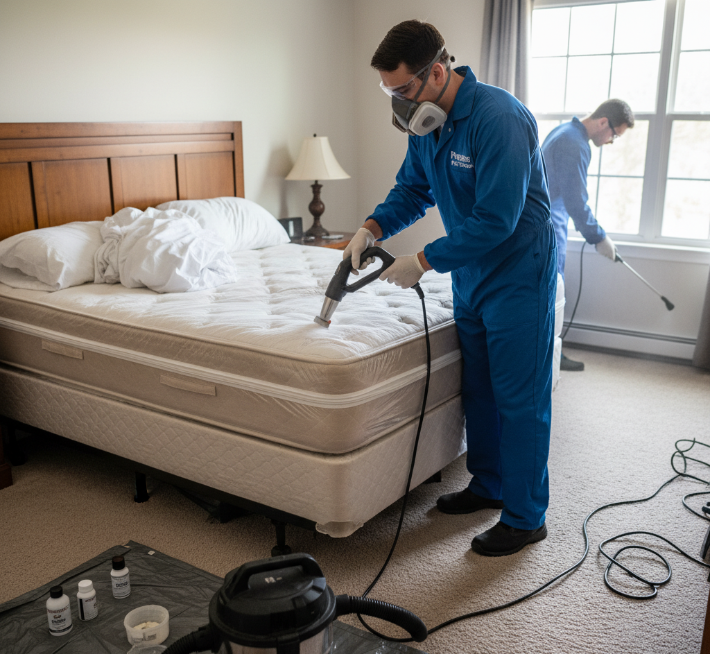 Pest Control in Long Branch team performing a detailed bedroom treatment.