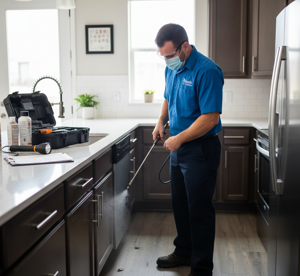 Pest Control in Long Branch expert treating kitchen cabinets for pests.