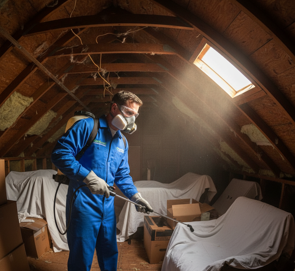 Attic pest inspection and treatment by Pest Control in Long Branch technician.