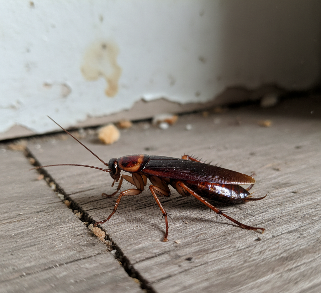 Cockroach on a home floor before Pest Control in Long Branch treatment.